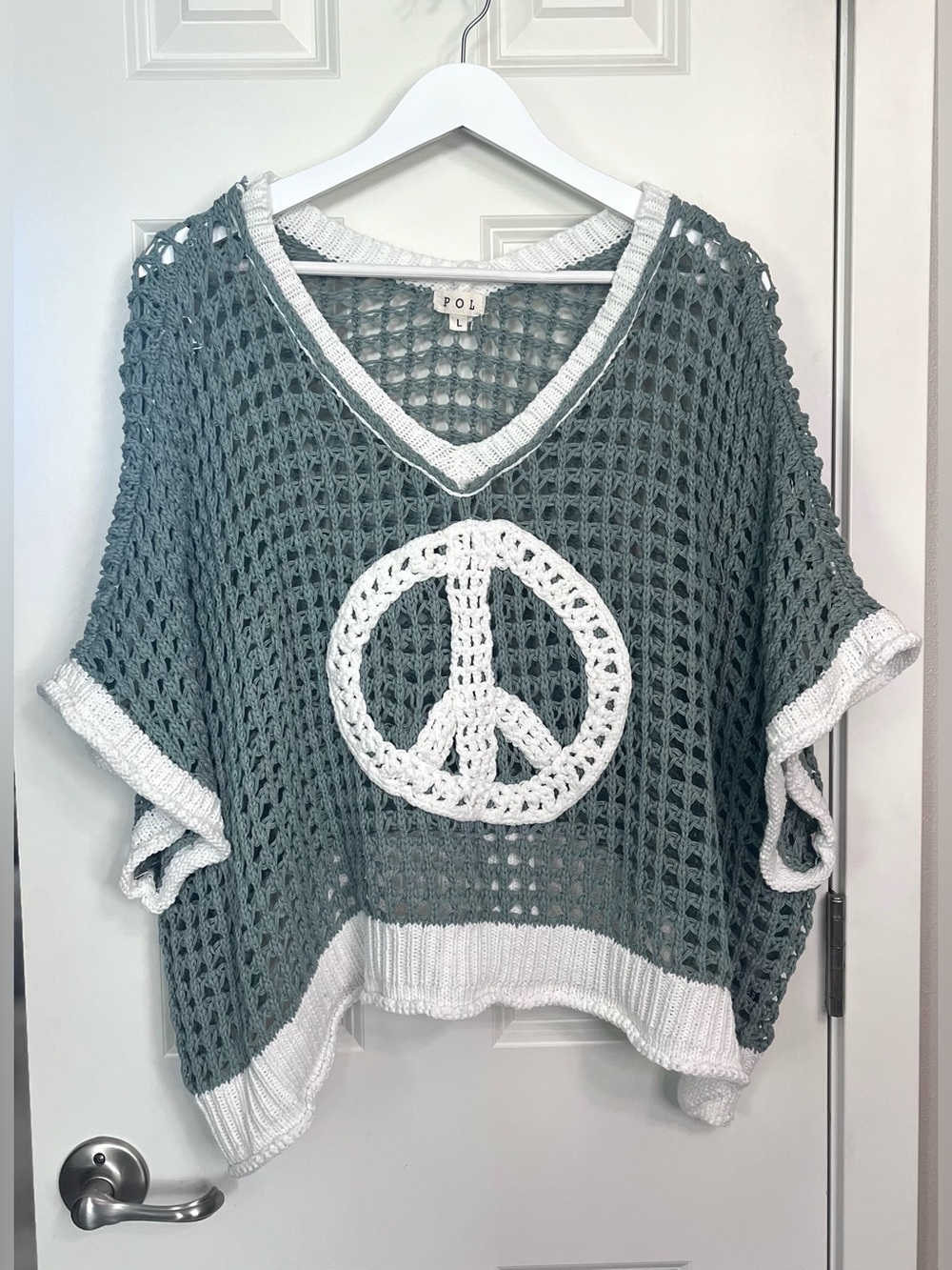 POL Crochet V-Neck Sweater with White Peace Sign - Sage Green & White